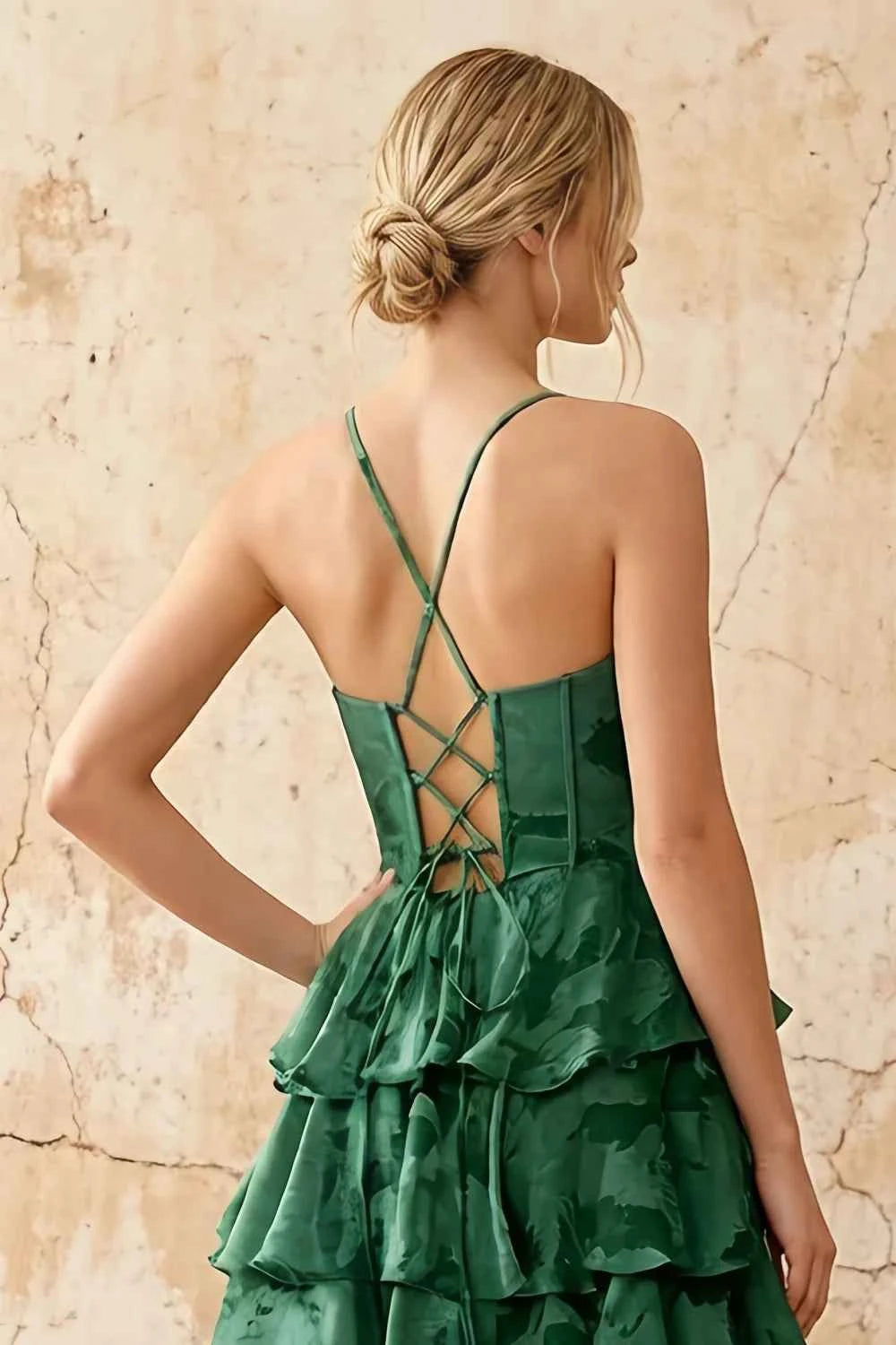 June Emerald Green Satin Floral Jacquard Ruffles Maxi Dress
