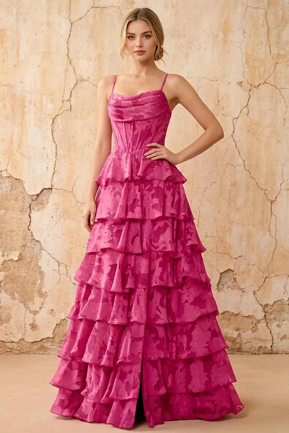 June Fuchsia Satin Floral Jacquard Ruffles Maxi Dress Imagen principal del producto