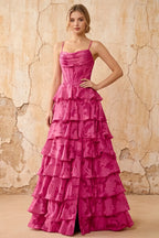 June Fuchsia Satin Floral Jacquard Ruffles Maxi Dress