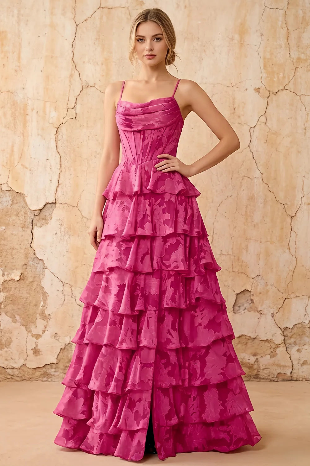 June Fuchsia Satin Floral Jacquard Ruffles Maxi Dress