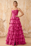 June Fuchsia Satin Floral Jacquard Ruffles Maxi Dress
