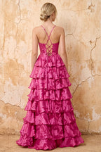 June Fuchsia Satin Floral Jacquard Ruffles Maxi Dress