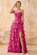June Fuchsia Satin Floral Jacquard Ruffles Maxi Dress