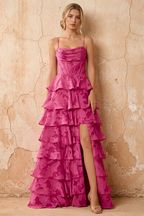 June Fuchsia Satin Floral Jacquard Ruffles Maxi Dress