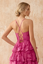 June Fuchsia Satin Floral Jacquard Ruffles Maxi Dress