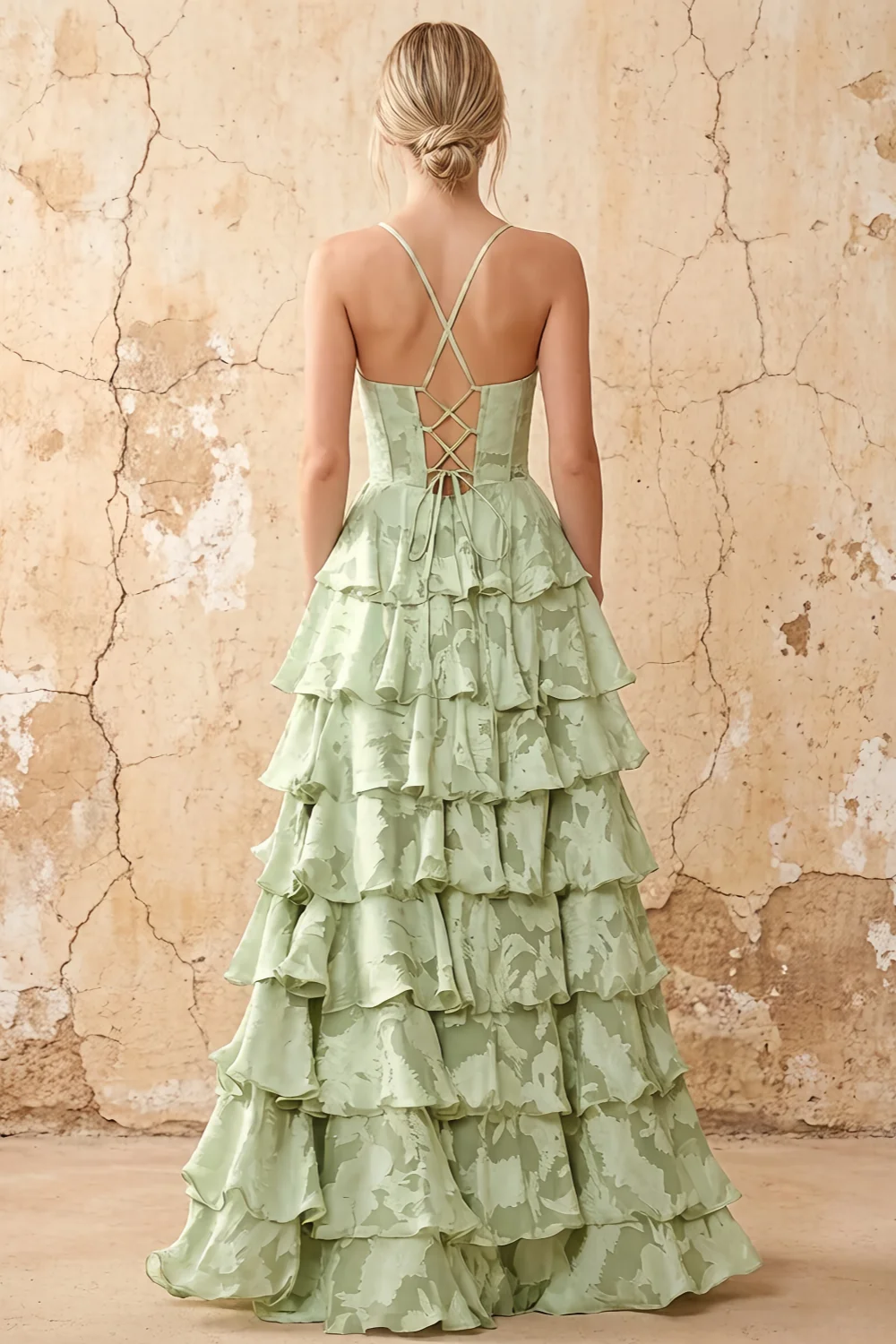 June Light Green Satin Floral Jacquard Ruffles Maxi Dress