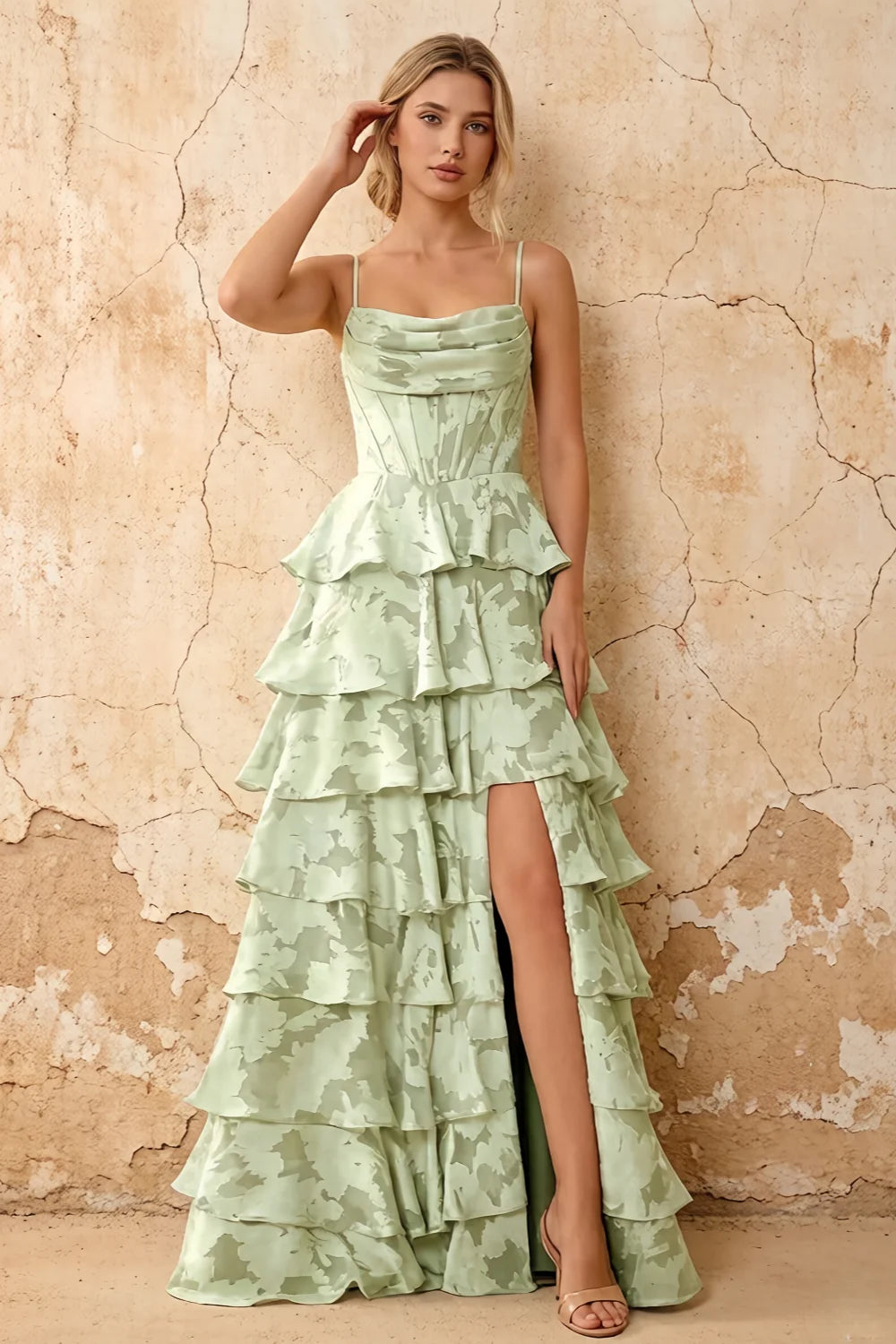 June Light Green Satin Floral Jacquard Ruffles Maxi Dress
