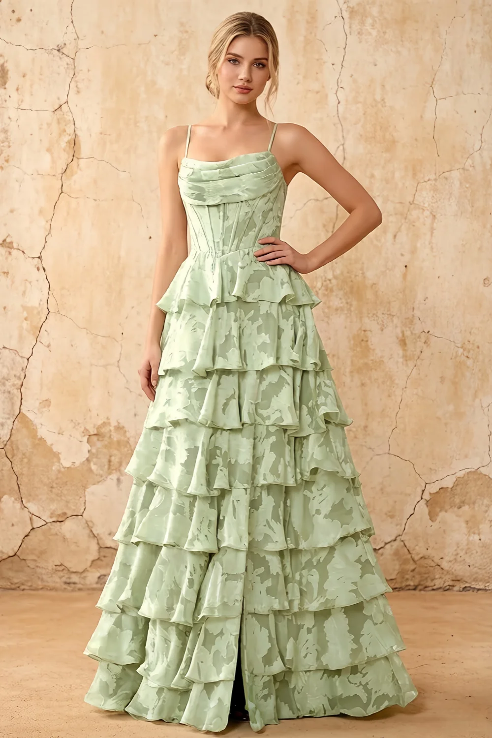 June Light Green Satin Floral Jacquard Ruffles Maxi Dress