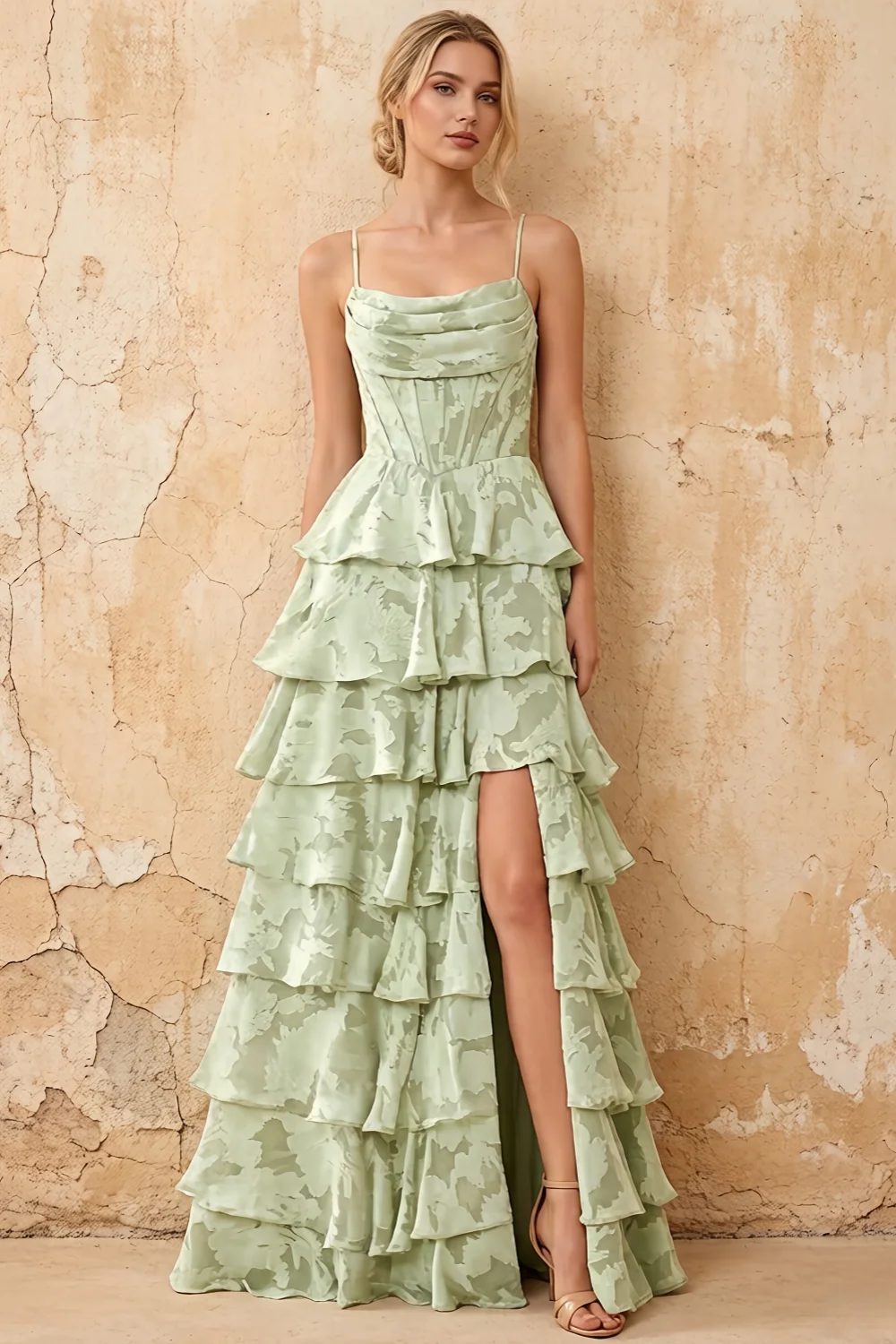 June Light Green Satin Floral Jacquard Ruffles Maxi Dress