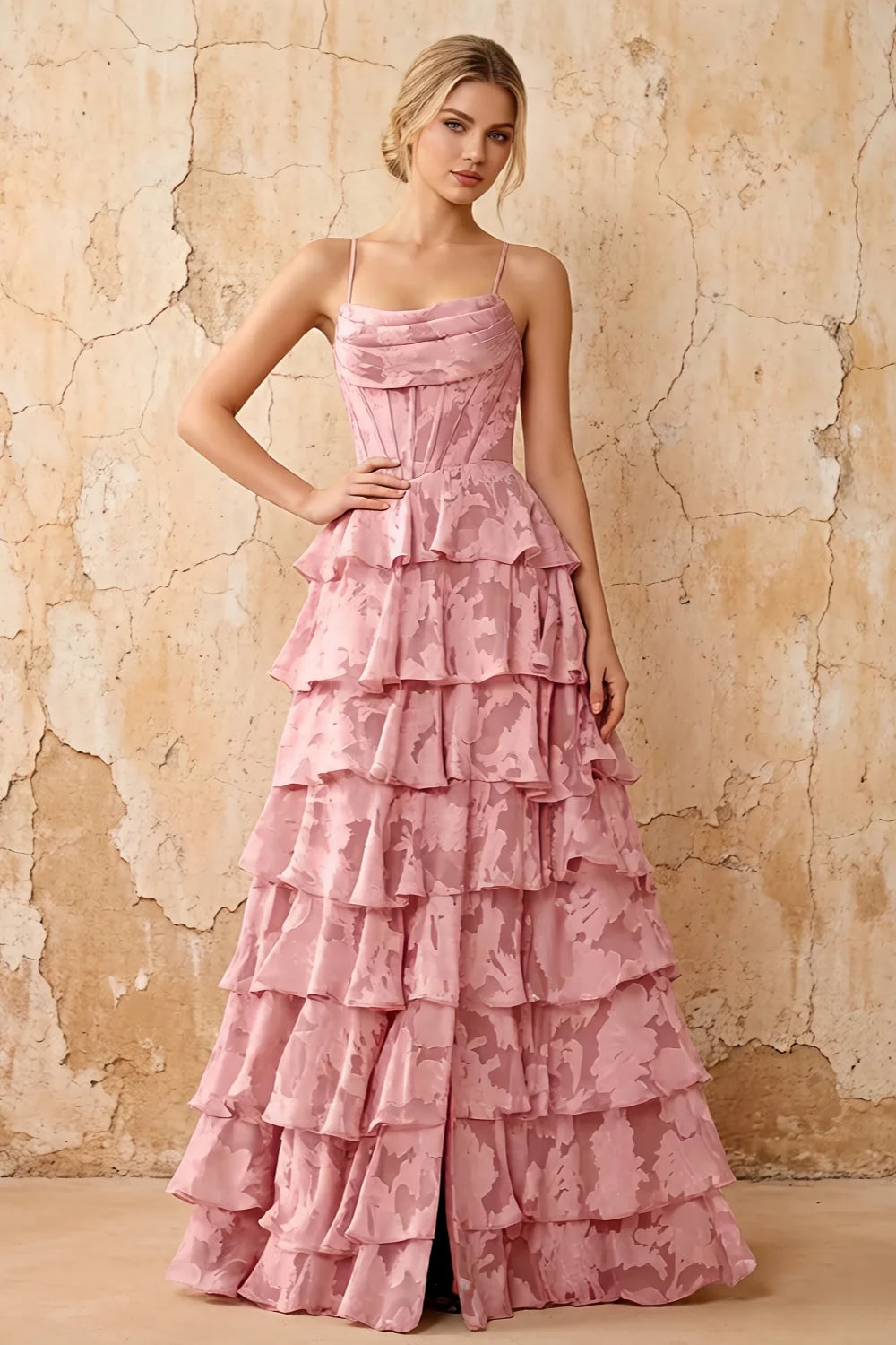June Pink Satin Floral Jacquard Ruffles Maxi Dress