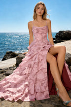 June Pink Satin Floral Jacquard Ruffles Maxi Dress