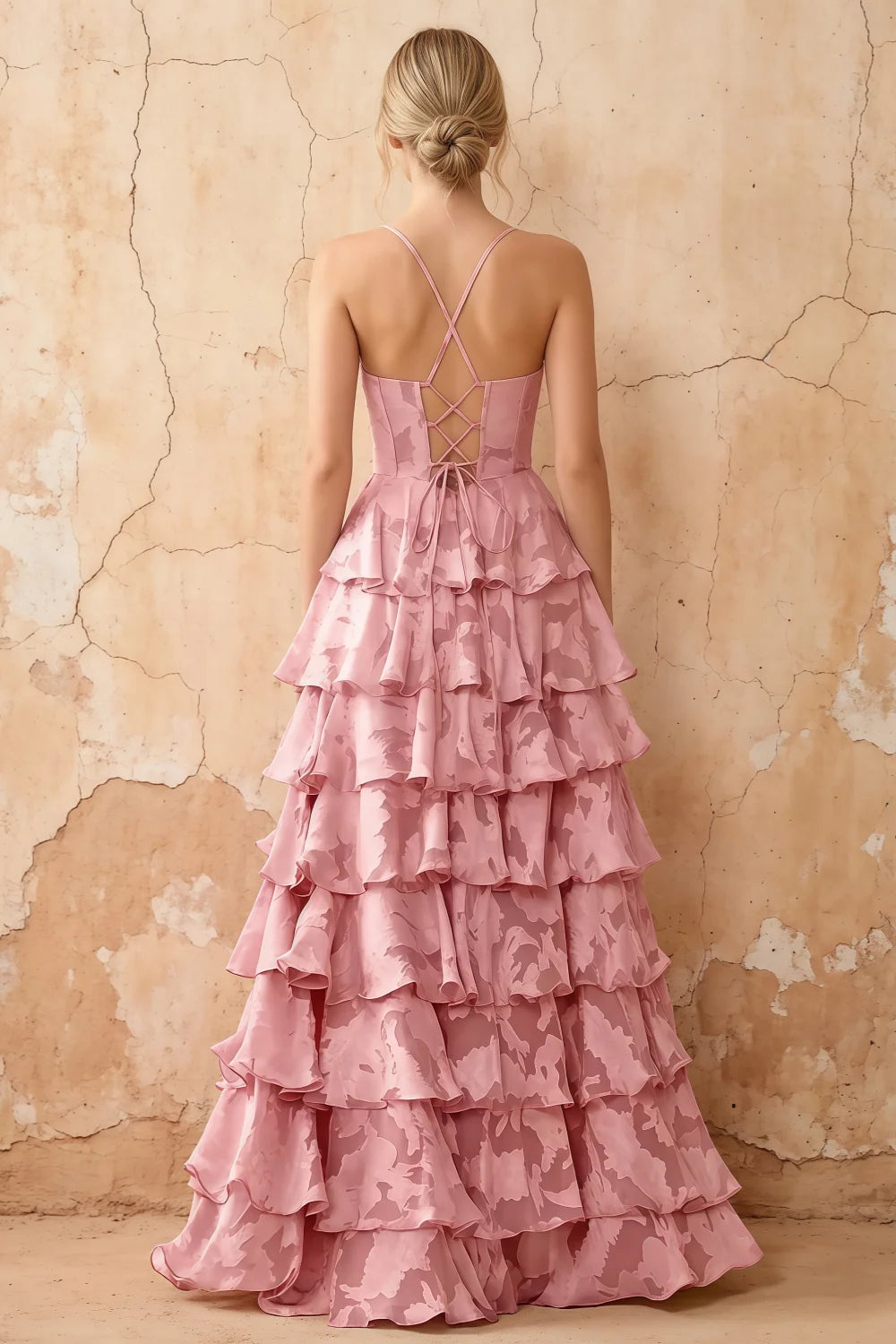 June Pink Satin Floral Jacquard Ruffles Maxi Dress