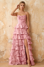 June Pink Satin Floral Jacquard Ruffles Maxi Dress