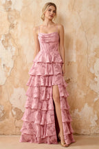 June Pink Satin Floral Jacquard Ruffles Maxi Dress