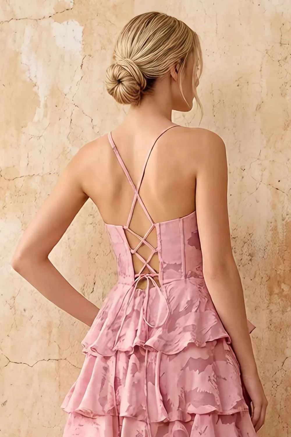 June Pink Satin Floral Jacquard Ruffles Maxi Dress
