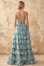 June Powder Blue Satin Floral Jacquard Ruffles Maxi Dress