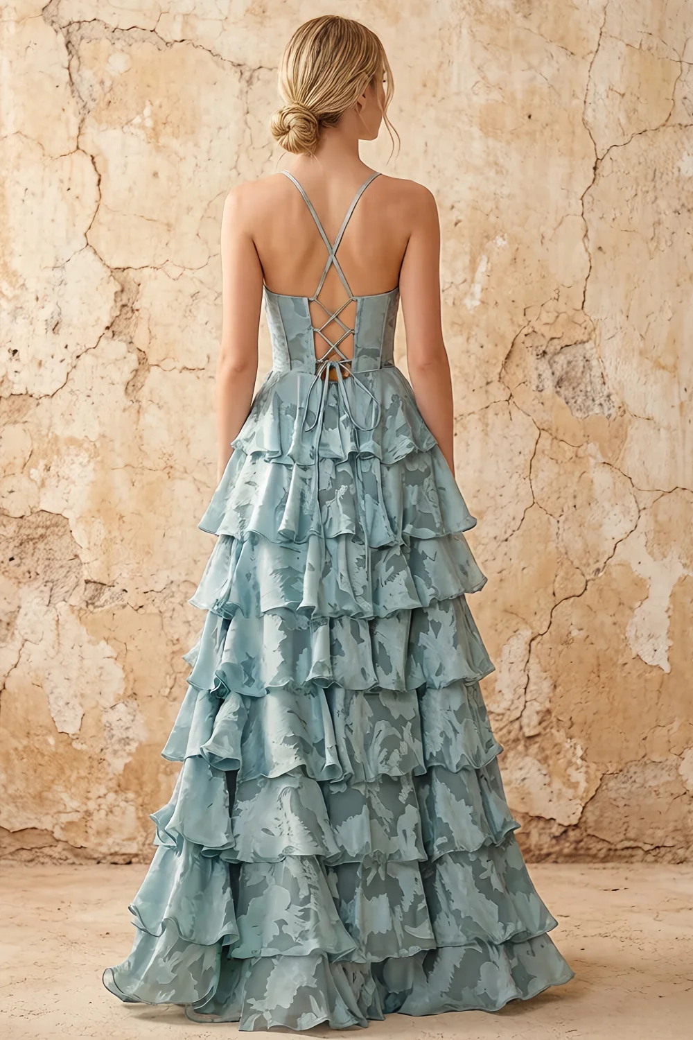 June Powder Blue Satin Floral Jacquard Ruffles Maxi Dress