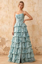 June Powder Blue Satin Floral Jacquard Ruffles Maxi Dress