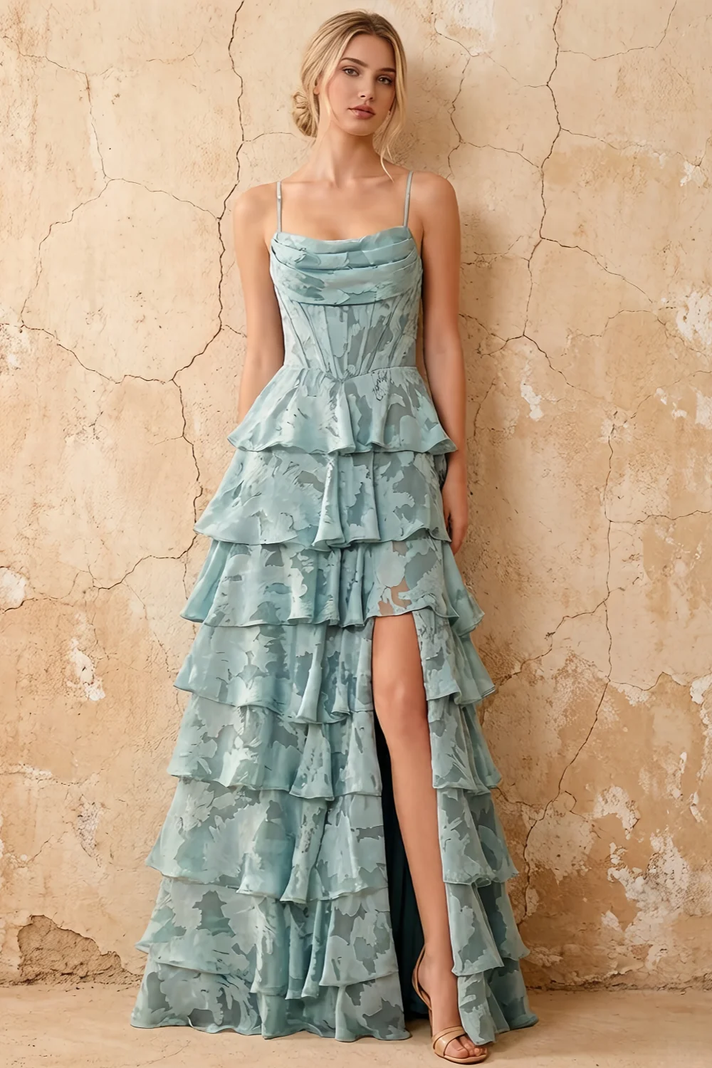 June Powder Blue Satin Floral Jacquard Ruffles Maxi Dress