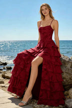 June Red Satin Floral Jacquard Ruffles Maxi Dress