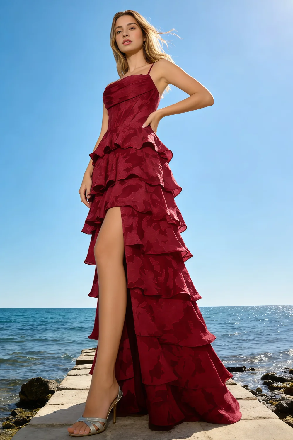June Red Satin Floral Jacquard Ruffles Maxi Dress