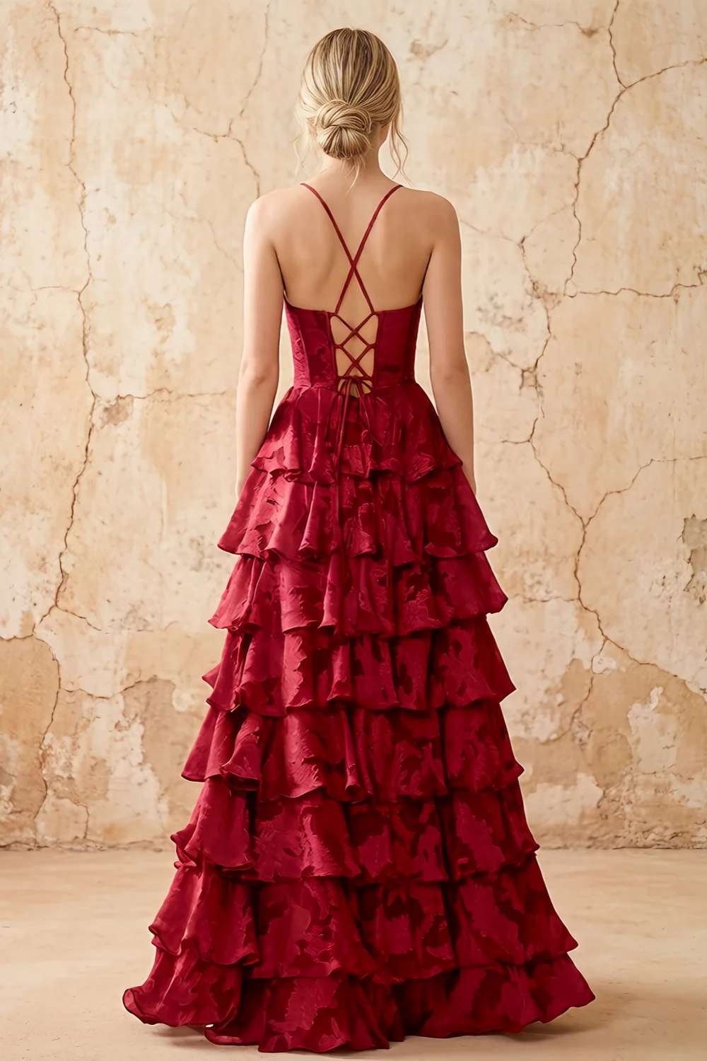 June Red Satin Floral Jacquard Ruffles Maxi Dress