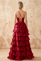 June Red Satin Floral Jacquard Ruffles Maxi Dress