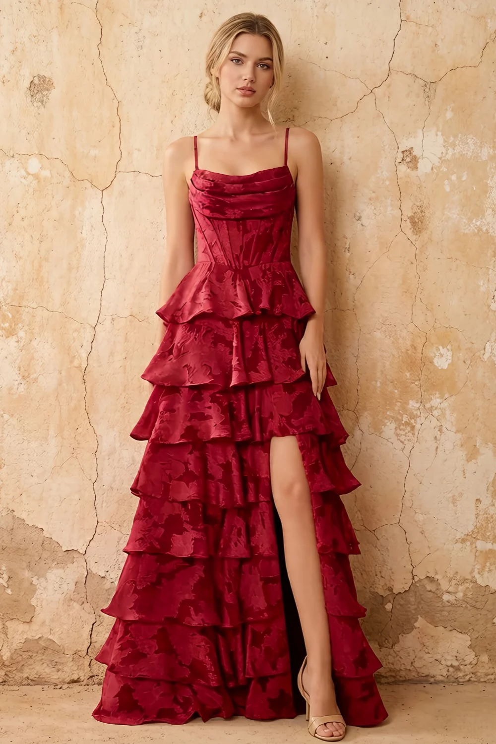June Red Satin Floral Jacquard Ruffles Maxi Dress