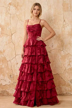 June Red Satin Floral Jacquard Ruffles Maxi Dress