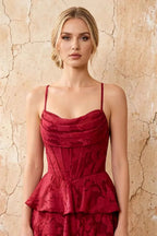 June Red Satin Floral Jacquard Ruffles Maxi Dress