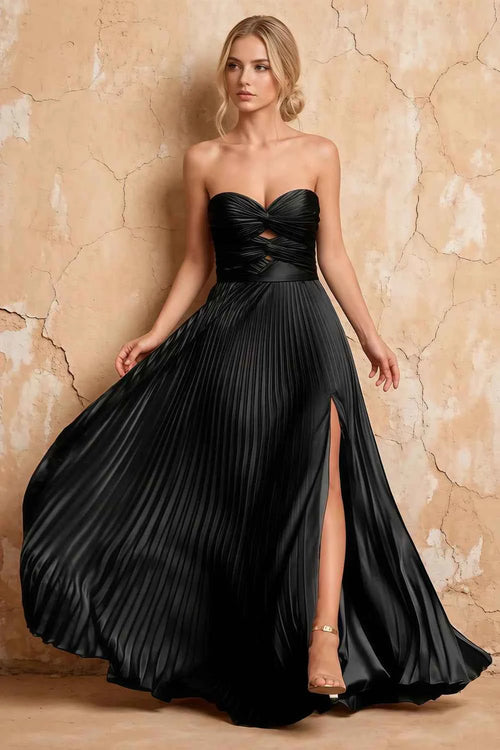Kara Black Satin Keyhole Sweetheart Neckline Maxi Dress