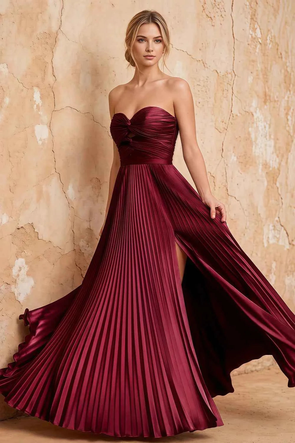 Kara Burgundy Satin Keyhole Sweetheart Neckline Maxi Dress Main image