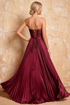 Kara Burgundy Satin Keyhole Sweetheart Neckline Maxi Dress