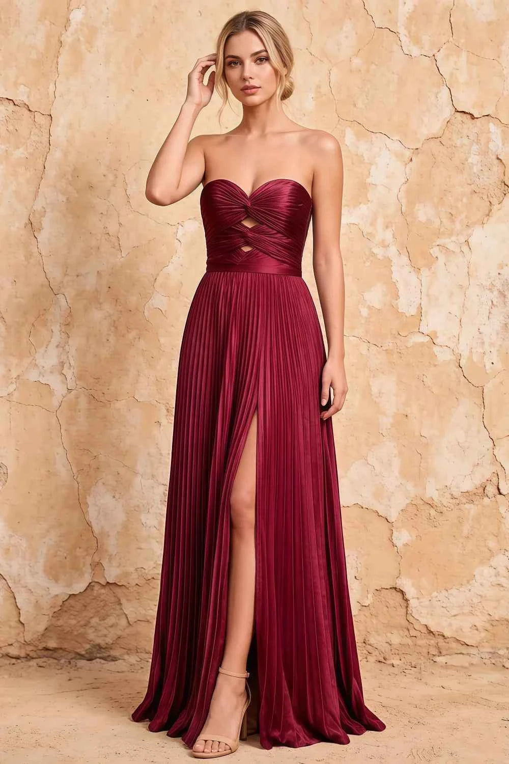 Kara Burgundy Satin Keyhole Sweetheart Neckline Maxi Dress
