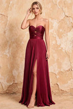Kara Burgundy Satin Keyhole Sweetheart Neckline Maxi Dress