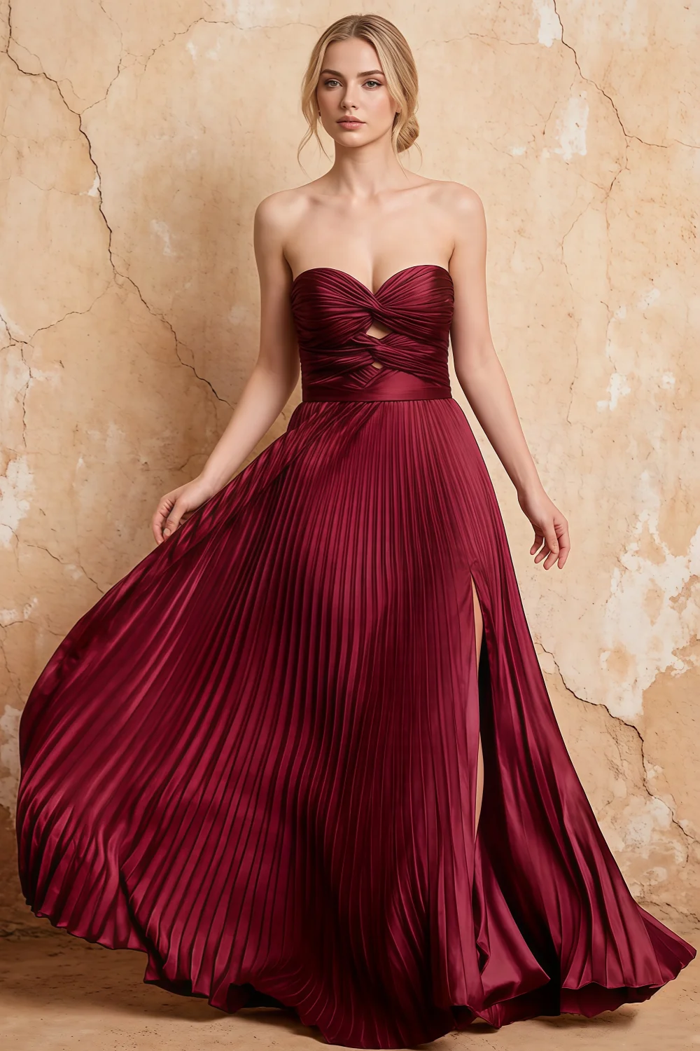 Kara Burgundy Satin Keyhole Sweetheart Neckline Maxi Dress