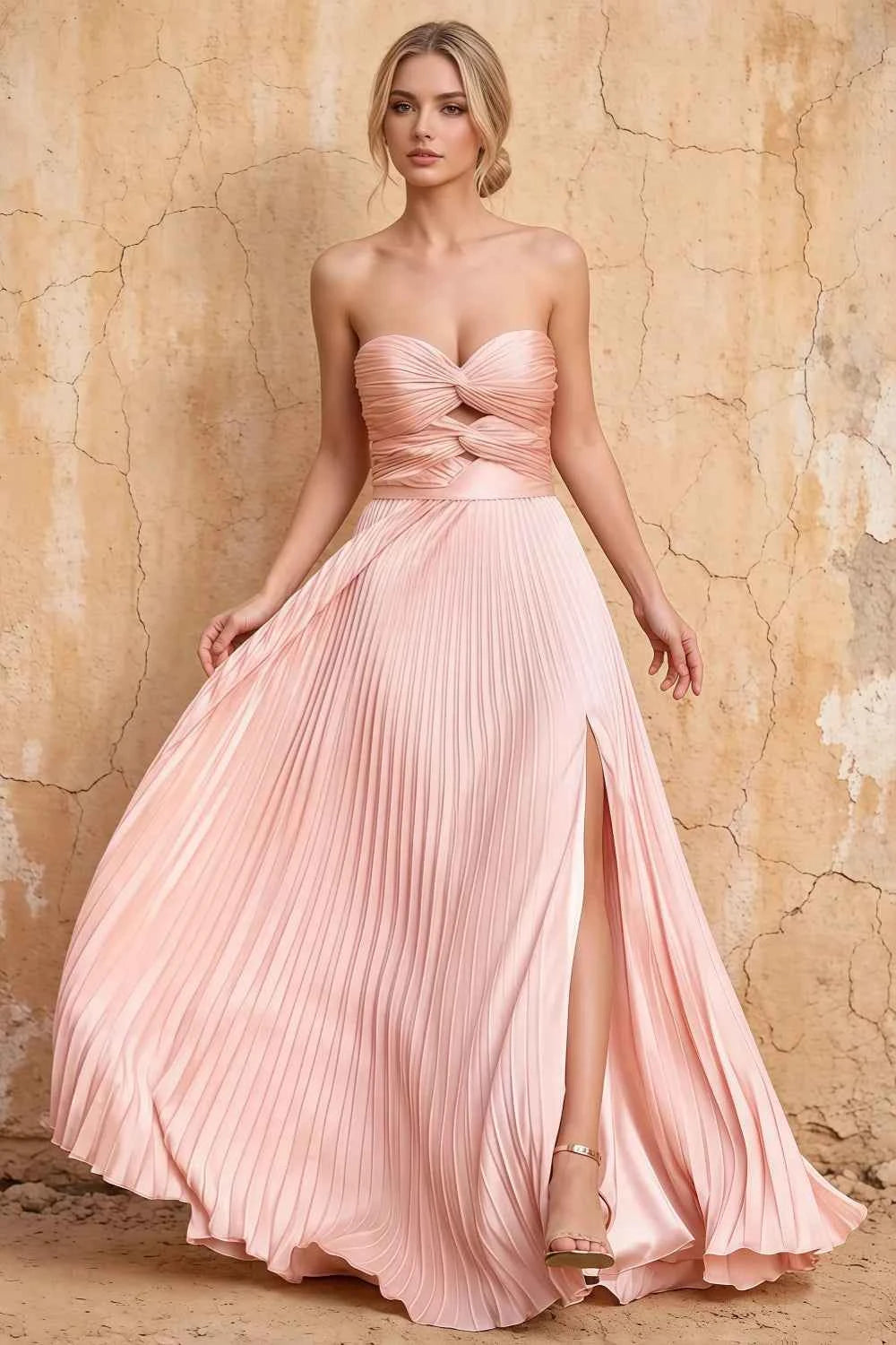 Kara Pink Satin Keyhole Sweetheart Neckline Maxi Dress