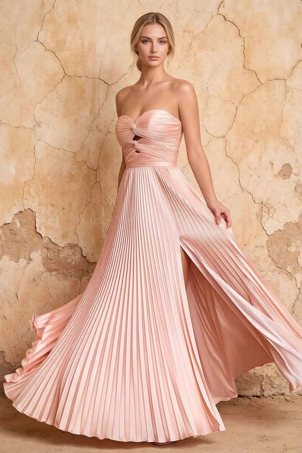 Kara Pink Satin Keyhole Sweetheart Neckline Maxi Dress
