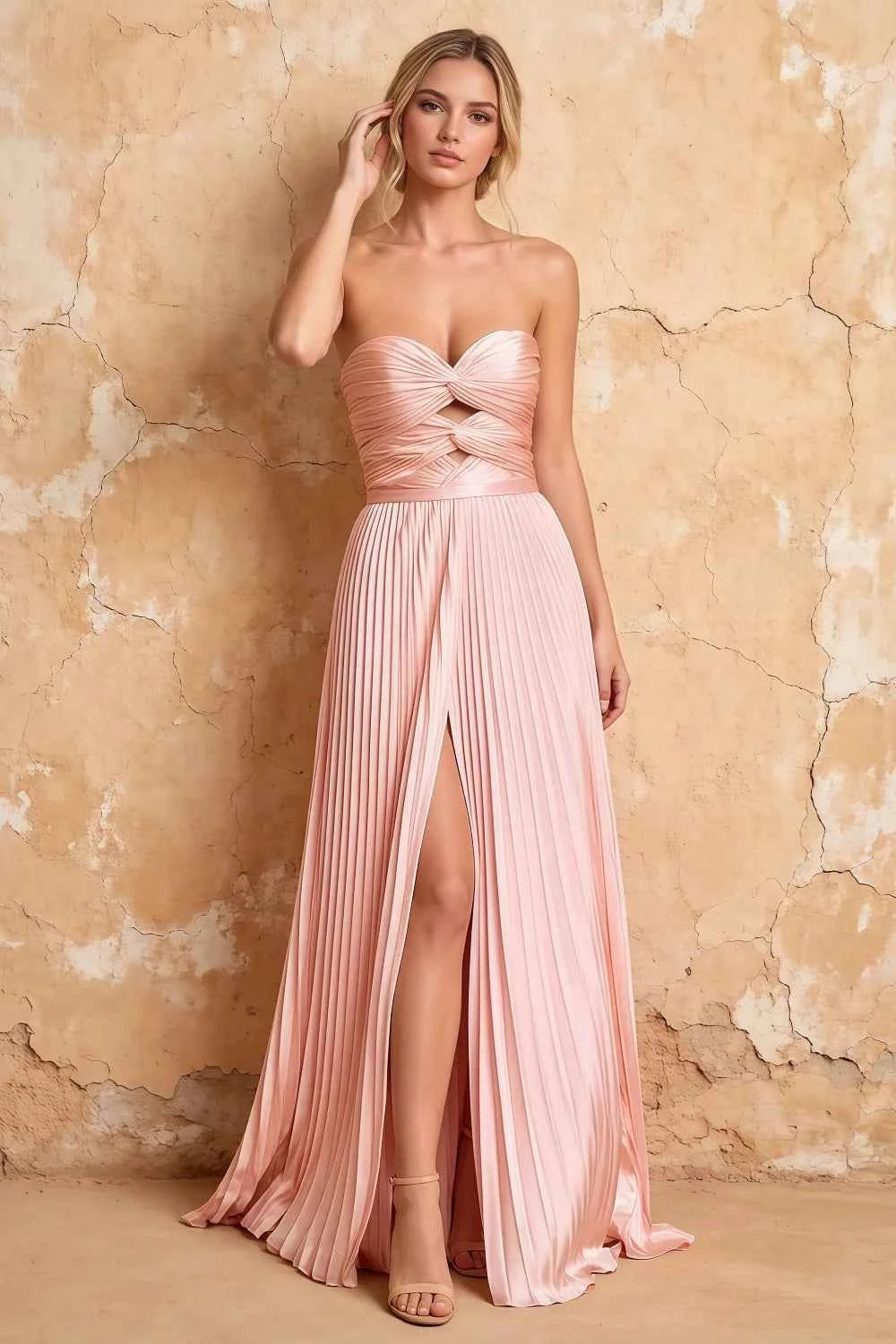 Kara Pink Satin Keyhole Sweetheart Neckline Maxi Dress