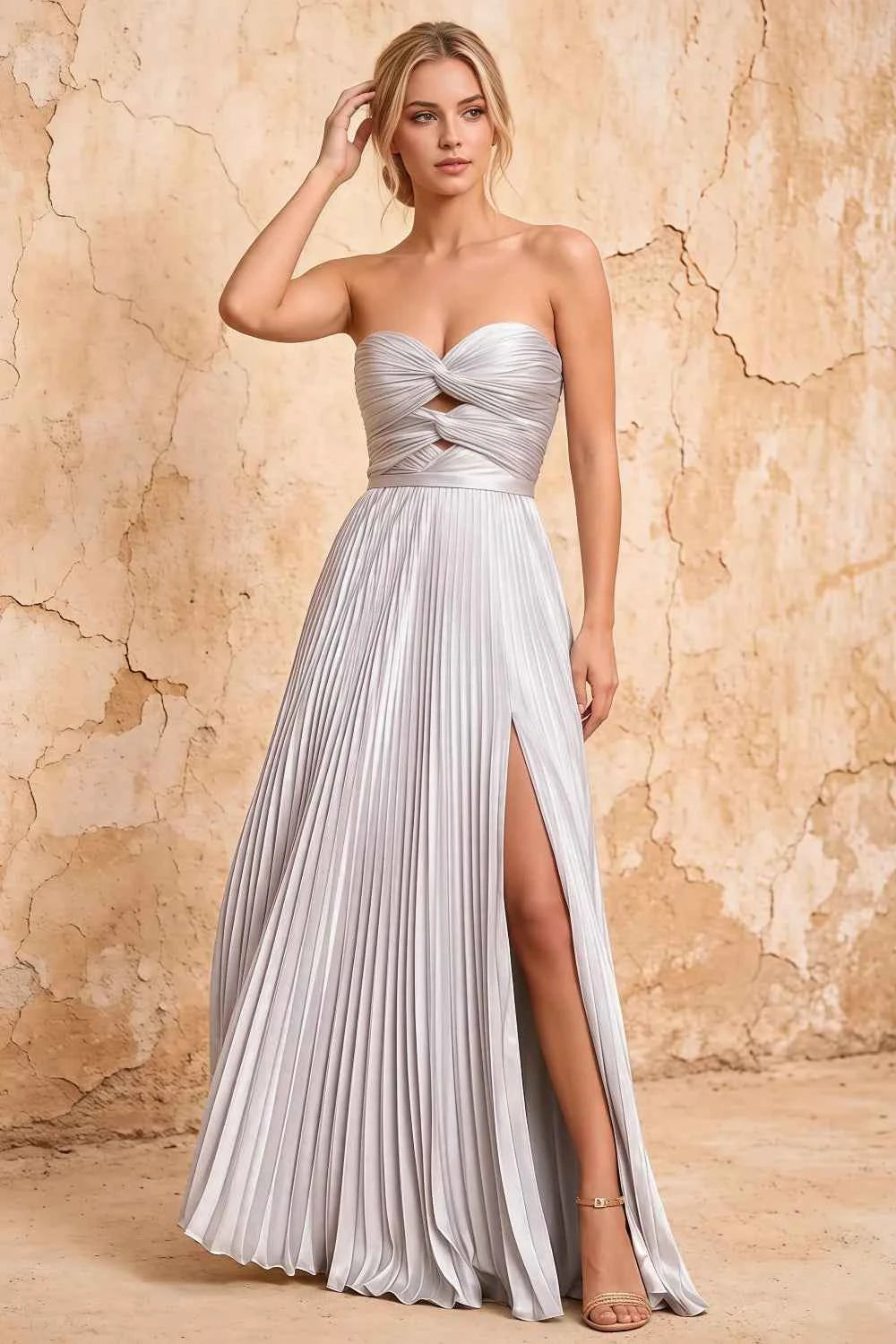 Kara White Satin Keyhole Sweetheart Neckline Maxi Dress