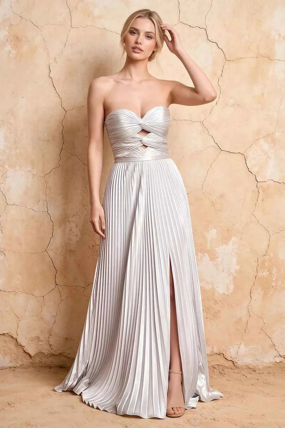 Kara White Satin Keyhole Sweetheart Neckline Maxi Dress