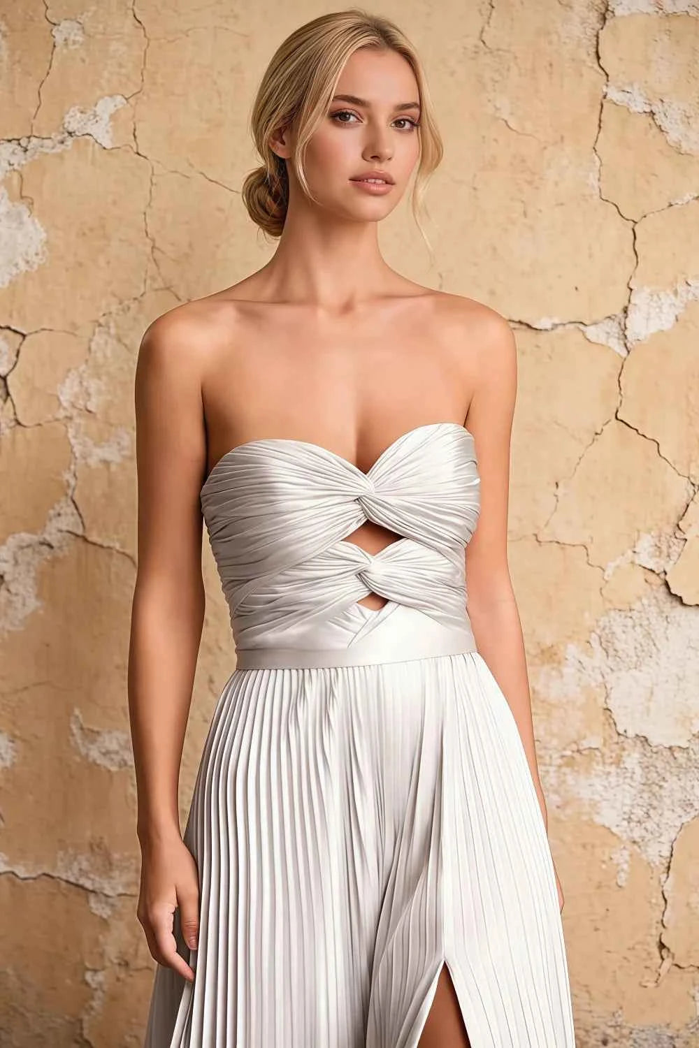 Kara White Satin Keyhole Sweetheart Neckline Maxi Dress