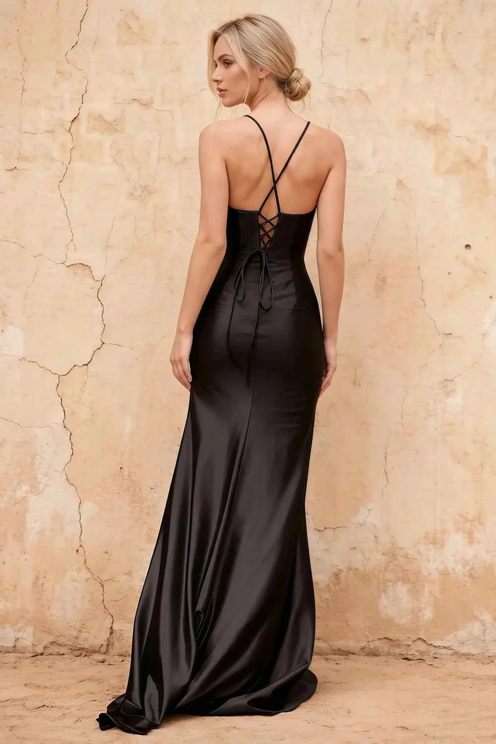 Karen Black Satin Pleated Slit Maxi Dress