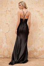 Karen Black Satin Pleated Slit Maxi Dress