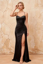 Karen Black Satin Pleated Slit Maxi Dress