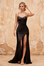 Karen Black Satin Pleated Slit Maxi Dress