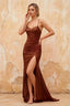 Karen Brown Satin Pleated Slit Maxi Dress