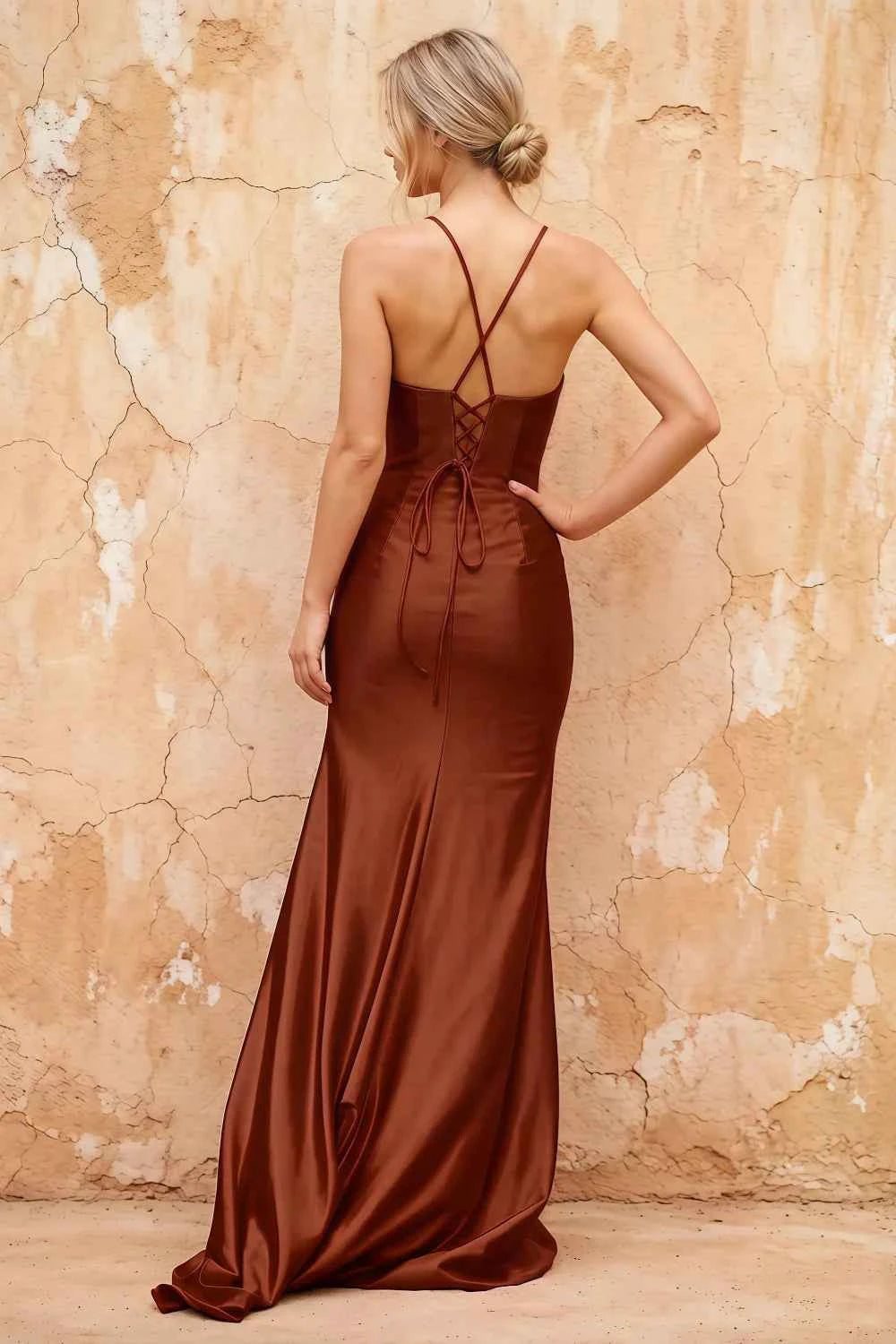 Karen Brown Satin Pleated Slit Maxi Dress