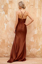 Karen Brown Satin Pleated Slit Maxi Dress