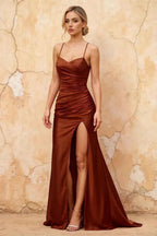 Karen Brown Satin Pleated Slit Maxi Dress